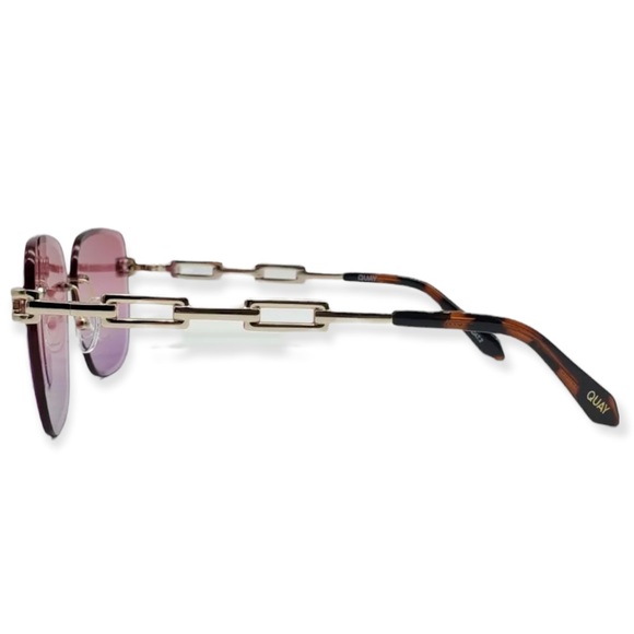 QUAY No Cap Sunglasses Gold Frame Pink Coral Fade Lens Oversized Rimless Chain - Picture 14 of 15